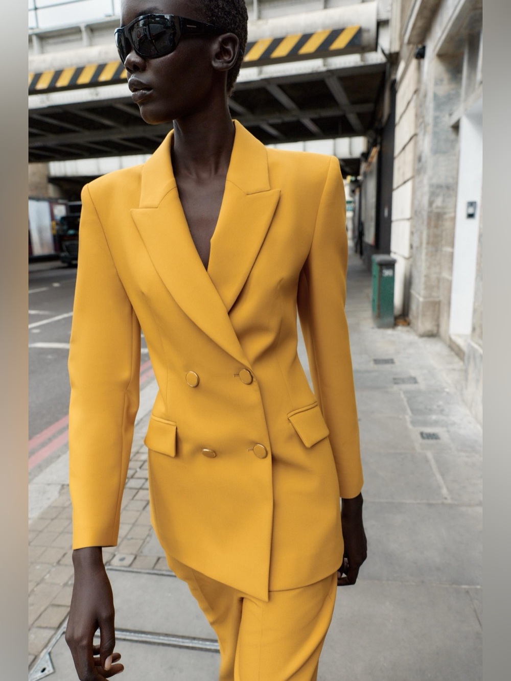 Zara Double Breasted Blazer With Shoulder Pads Mustard XS NWT